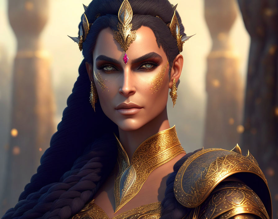 Fantasy digital artwork of woman in golden armor with mystical aura