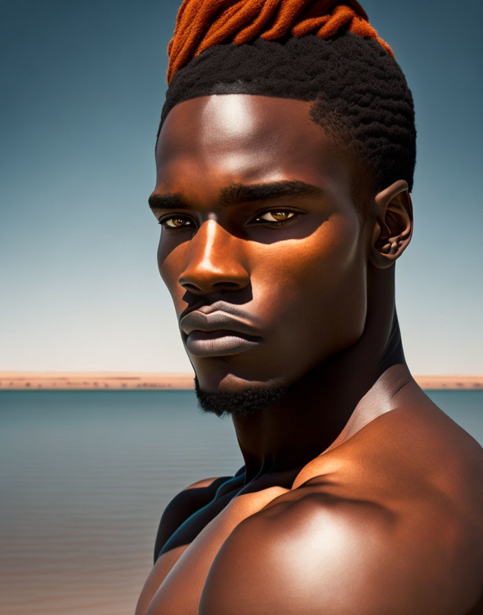 Striking portrait of a man with orange-tinted hair and intense gaze against desert backdrop