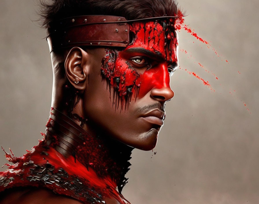 Warrior with dramatic red face paint and splatters on neutral background