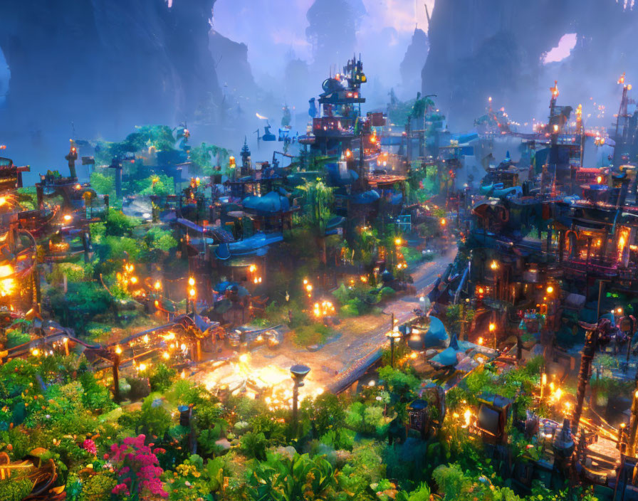 Vibrant fantasy village in lush greenery