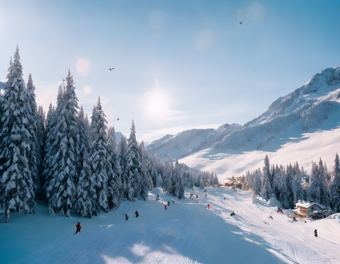 Snowy Mountain Landscape with Skiers, Pine Trees, and Sunlit Sky