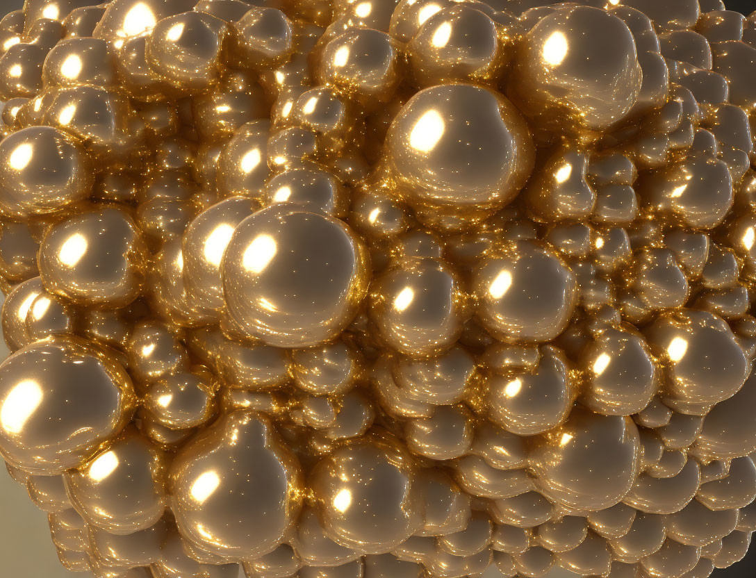 Glossy golden spheres in close-up with reflective surfaces