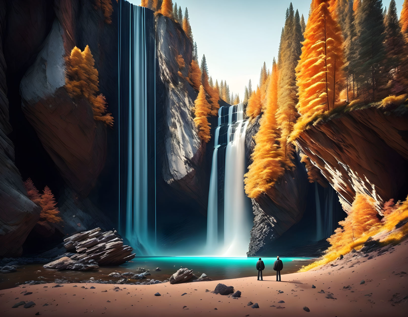 Autumnal forest canyon with majestic waterfall and two people