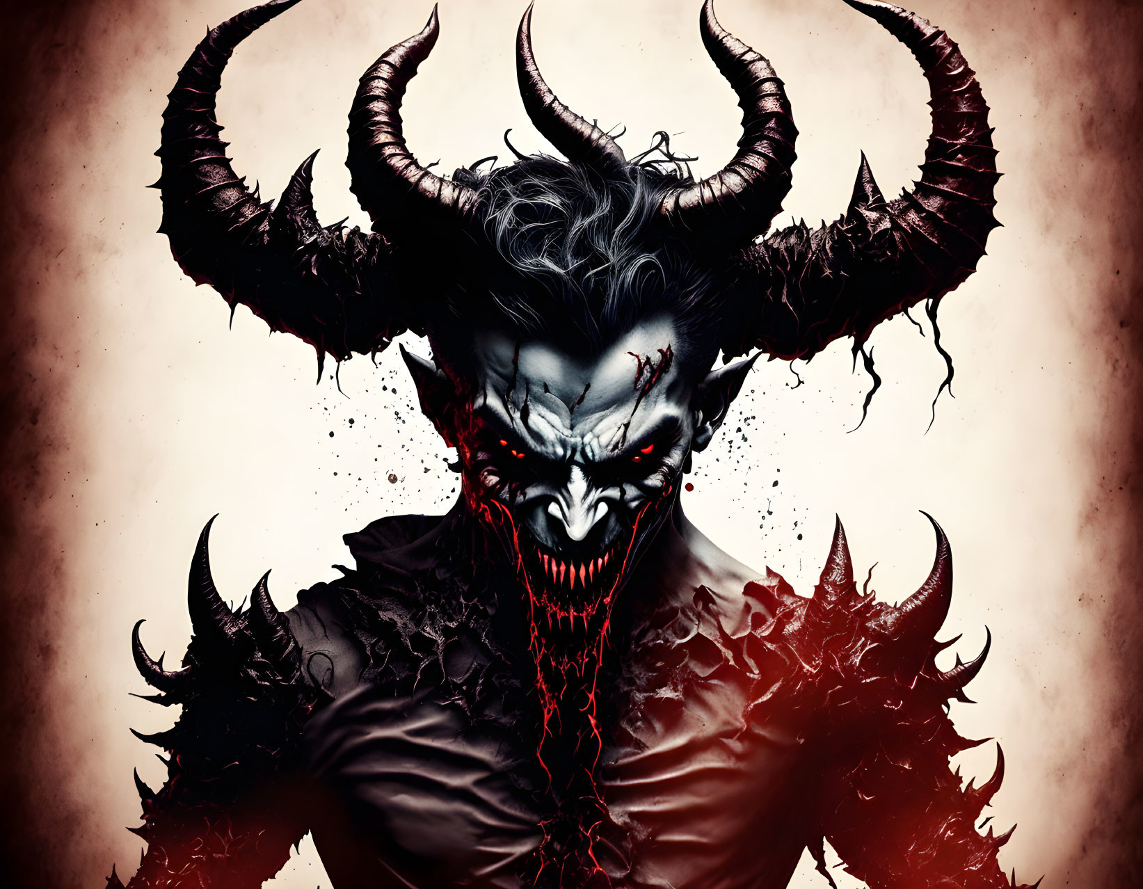 Fierce demon with curled horns and red eyes in dark armor