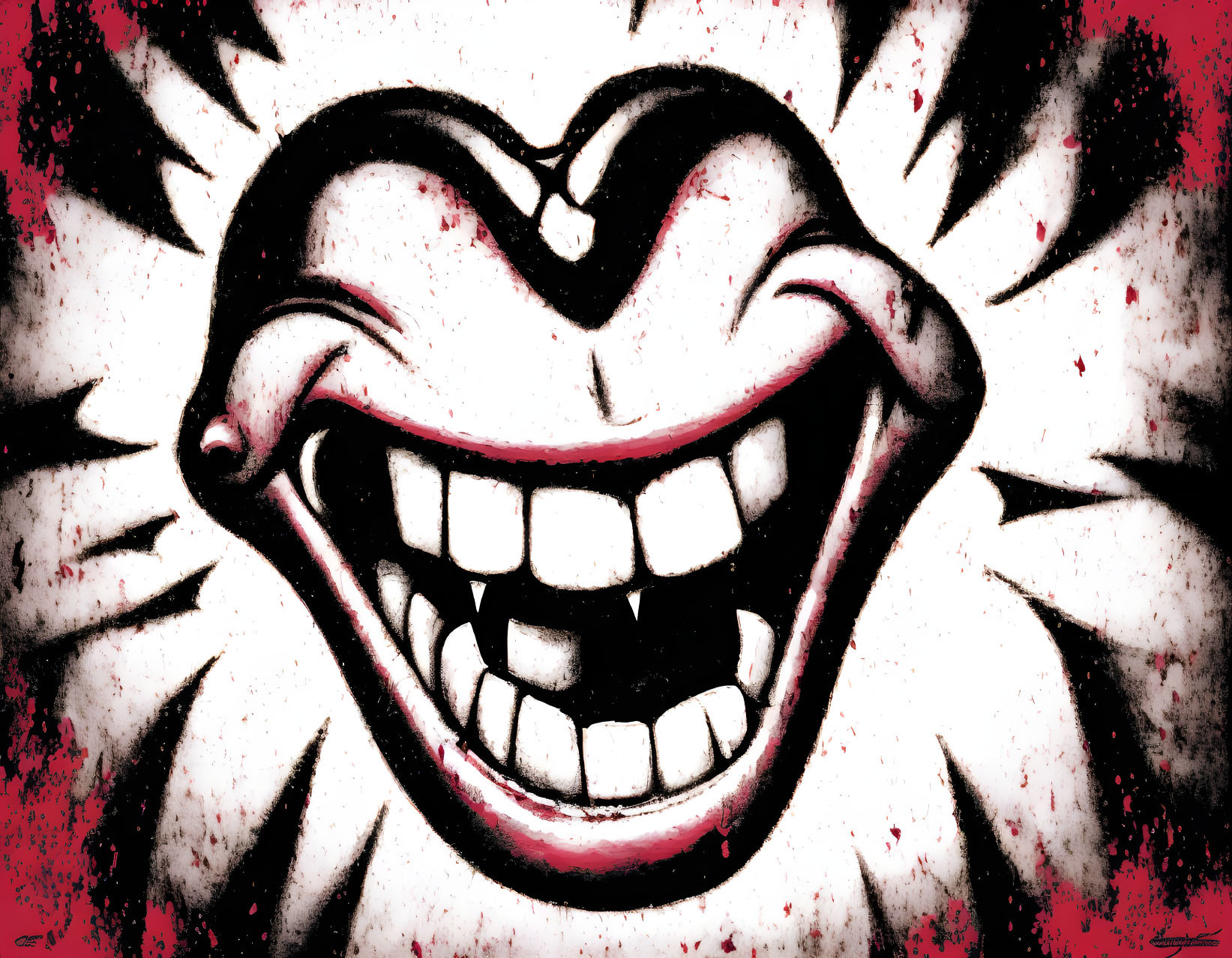 Sinister smiling mouth with sharp teeth on abstract burst background