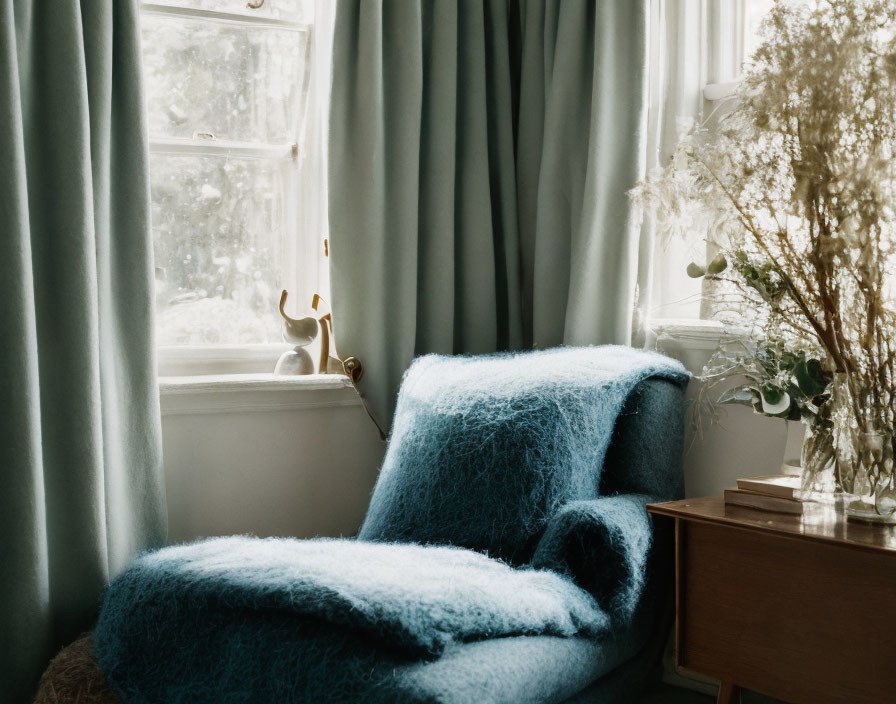 Cozy Room Corner with Blue Blanket, Wooden Table & Gauzy Curtains