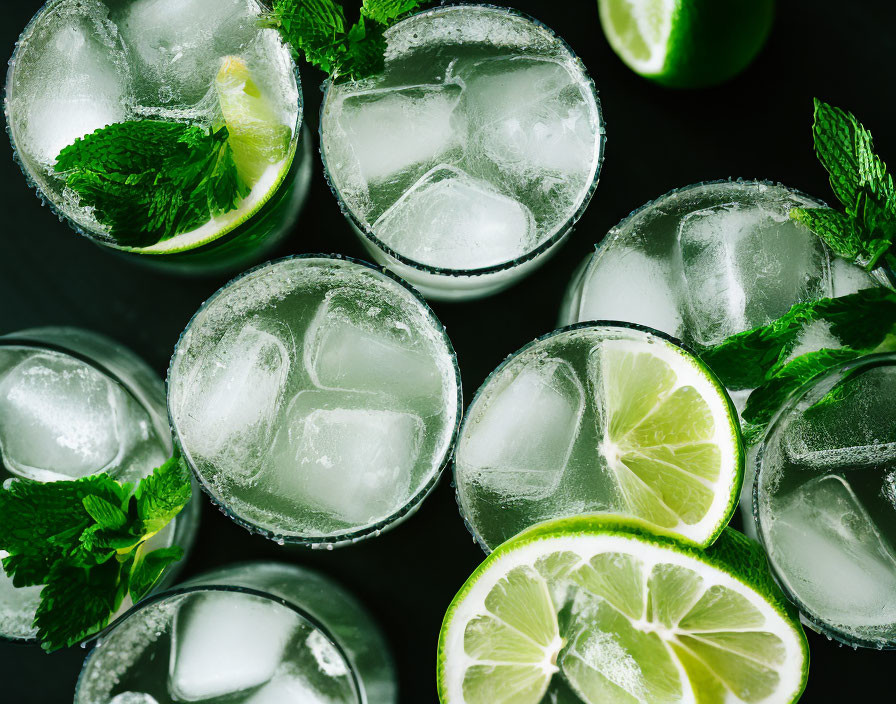 Chilled cocktail glasses with ice, mint, and lime on dark background