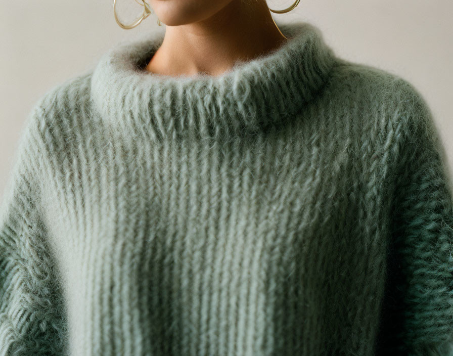 Green Knit Turtleneck Sweater with Textured Details