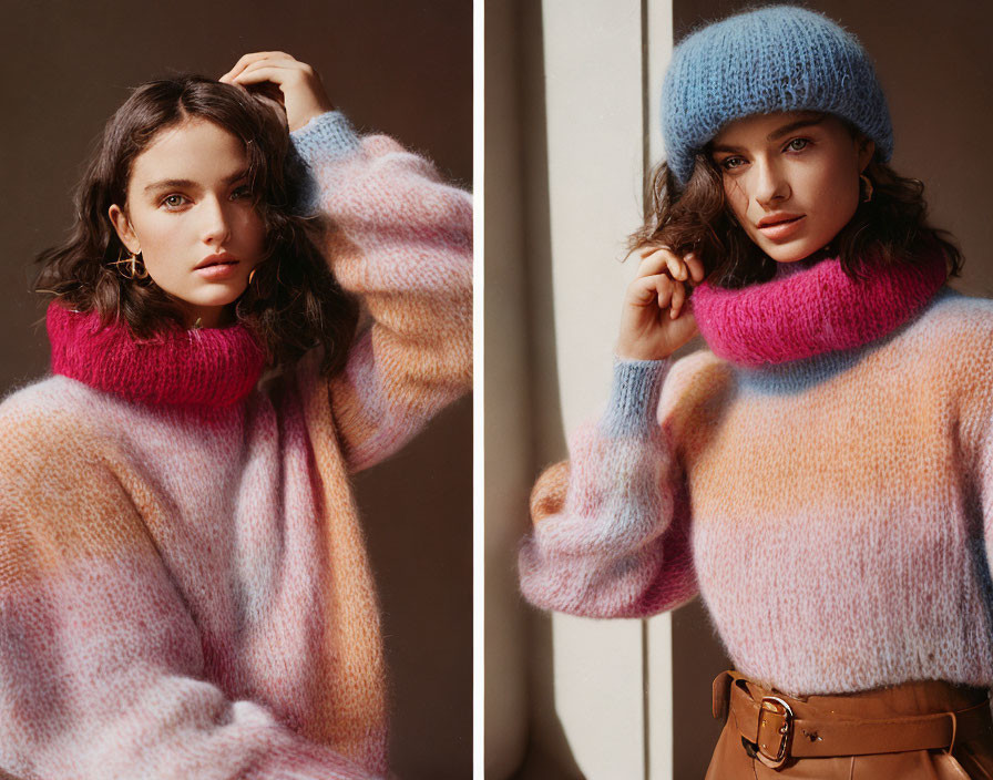 Woman in Pastel Sweater and Blue Beret Poses in Two Similar Photos