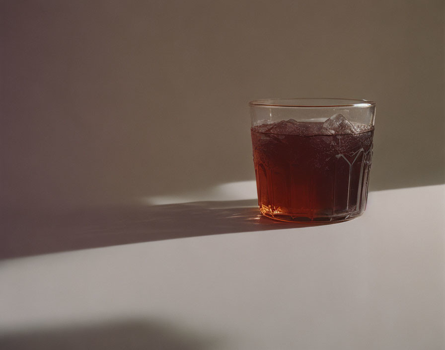 Iced beverage casting shadow on beige surface