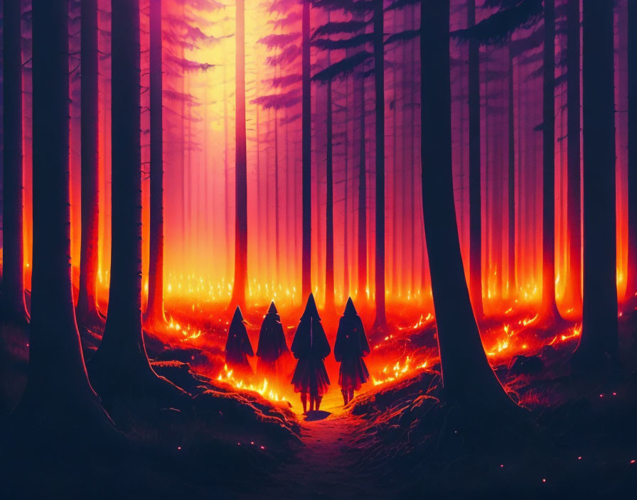 Ethereal forest scene with mysterious figures under red and purple light