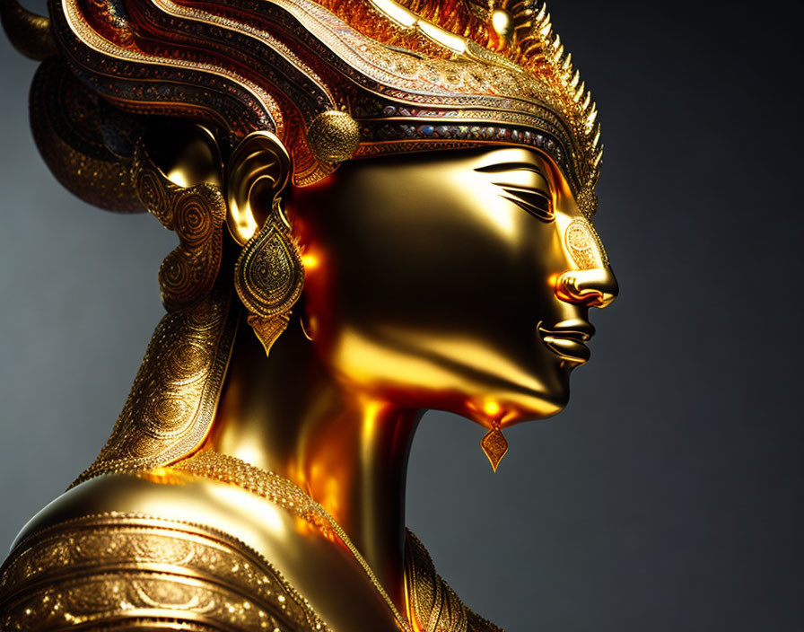 Golden Woman Profile Sculpture with Intricate Headdress and Jewelry