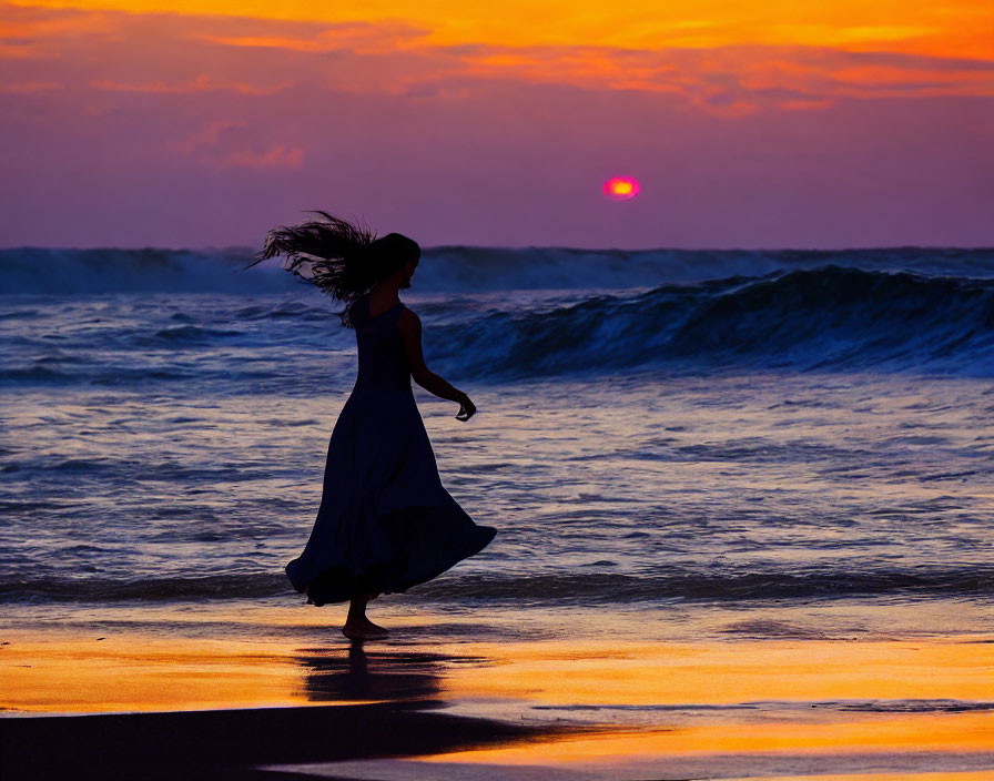 Woman silhouette in flowing dress on sunset beach with orange and purple skies.