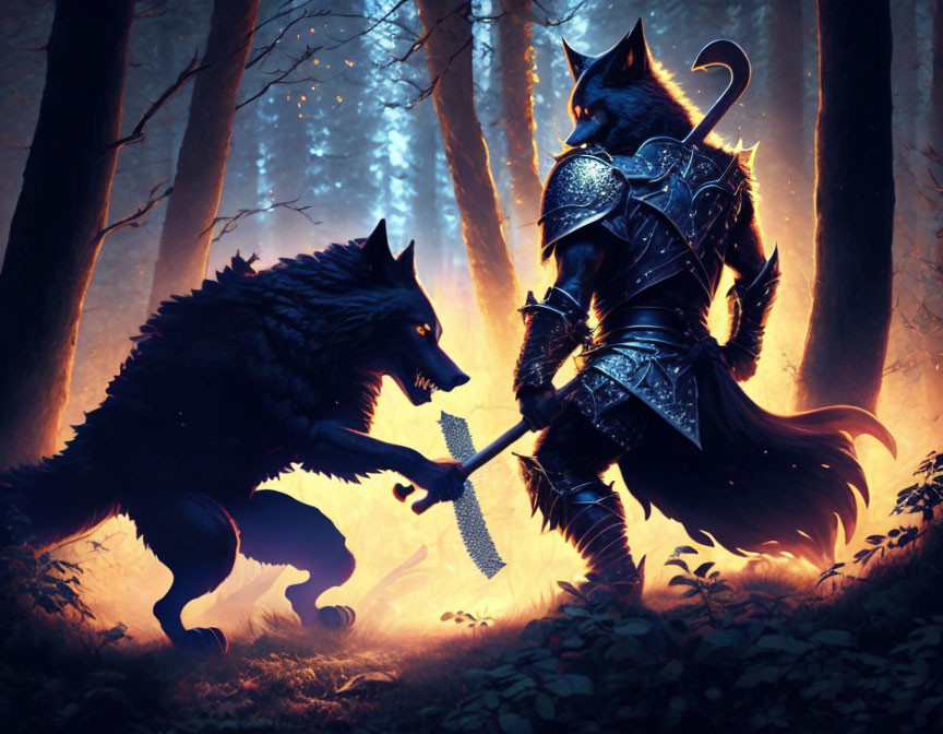 Armored cat and wolf in mystical forest showdown