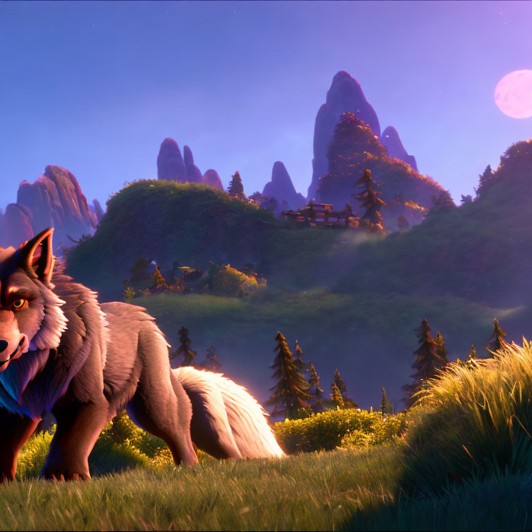 Majestic animated wolf on grassy hill at sunset