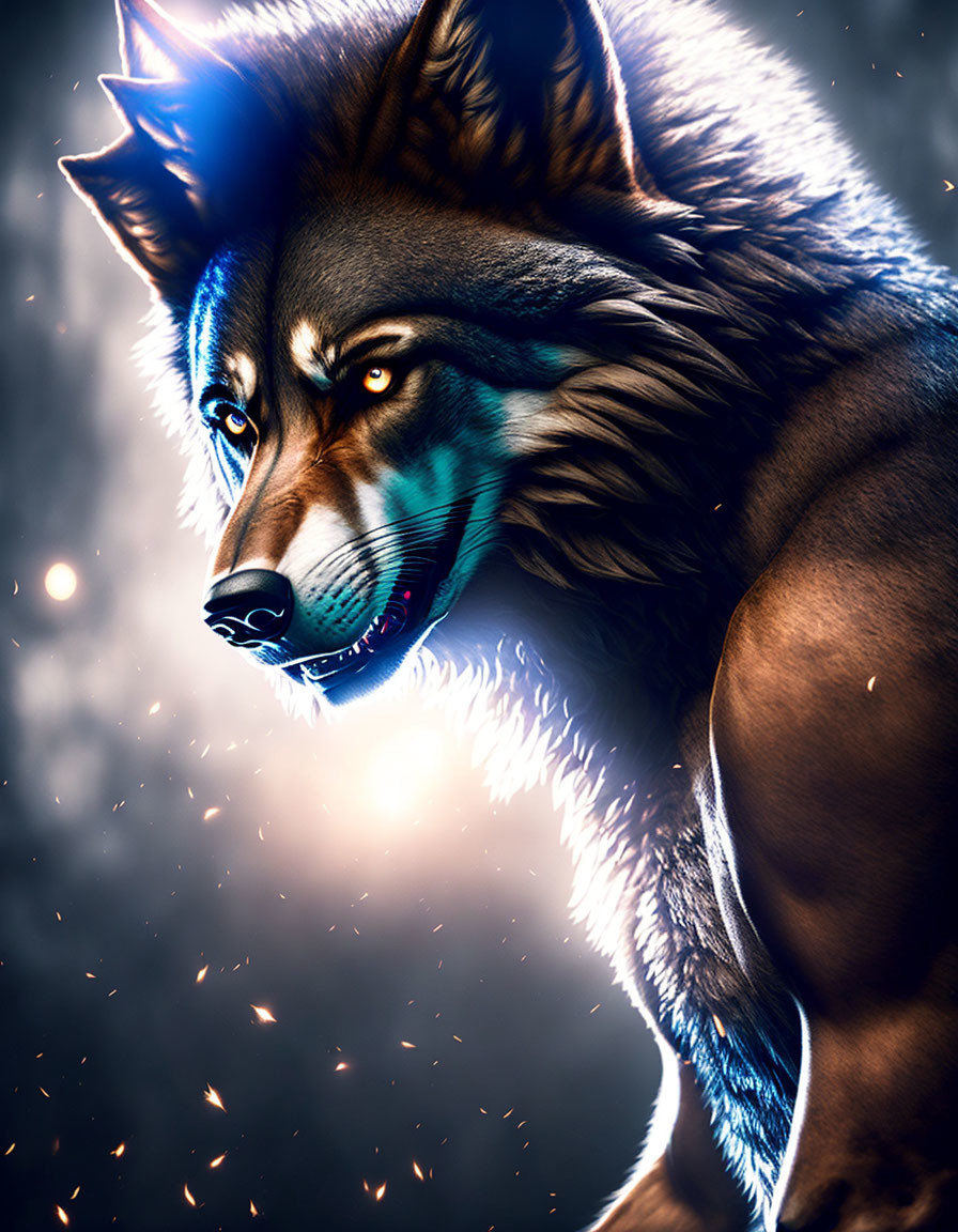 Digital artwork of glowing-eyed wolf on dark background