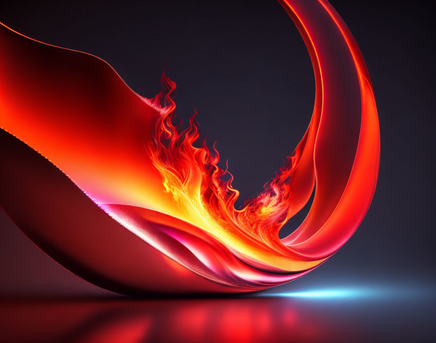 Colorful Abstract Art: Fiery Wave in Orange and Red against Dark Reflective Background