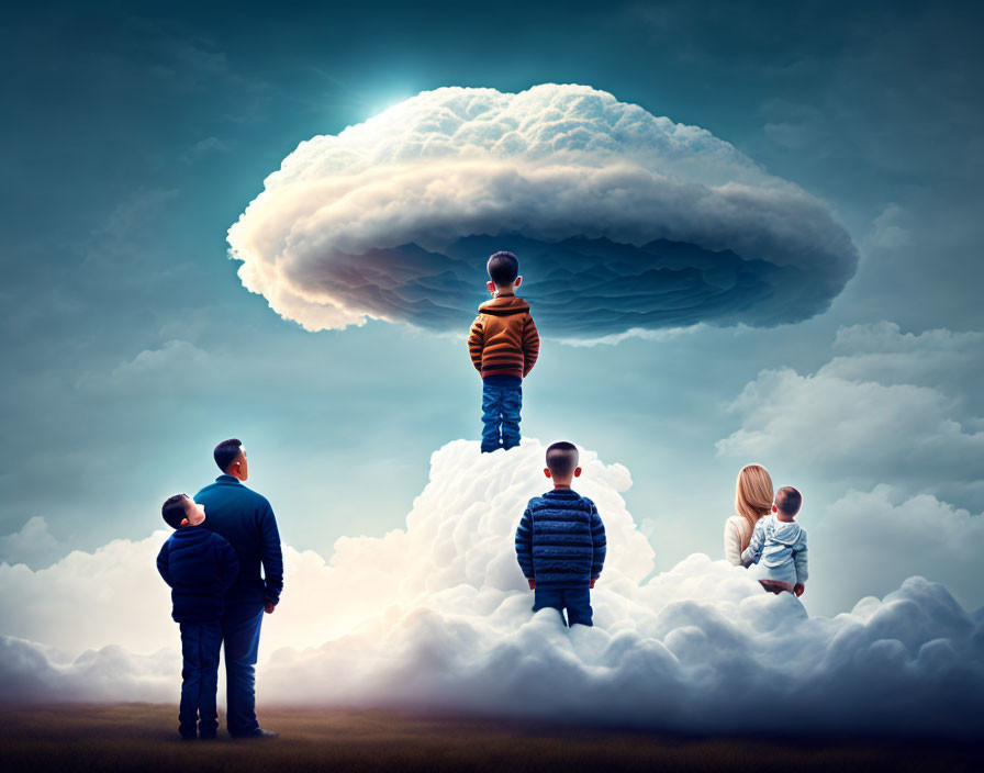 Surreal artwork: Five figures on clouds observing child on towering cumulus cloud