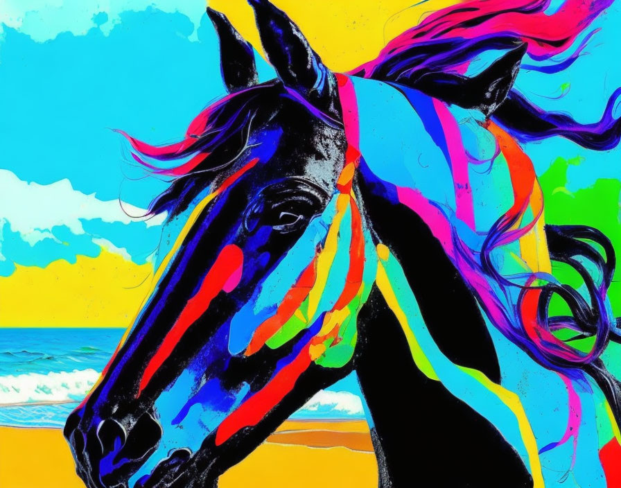 Colorful Horse Illustration Against Blue Sky and Yellow Beach