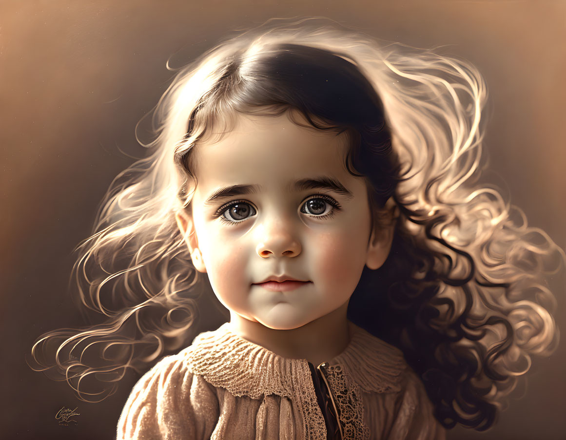 Young child portrait with curly hair and expressive eyes in knit sweater on warm brown background