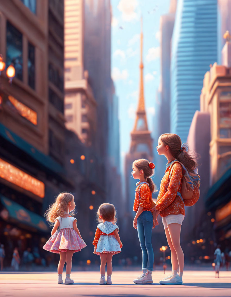 Animated girls in futuristic city street with skyscrapers & floating vehicles