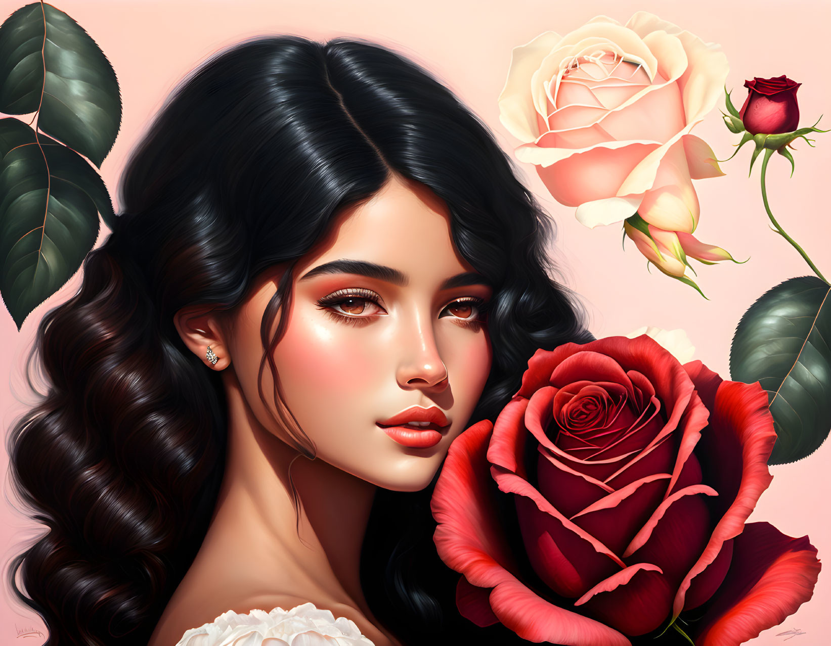 Digital portrait of woman with wavy black hair and red roses