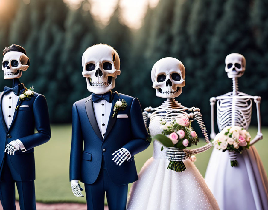 Four Skeleton Couples in Wedding Attire with Floral Bouquets in Garden Setting