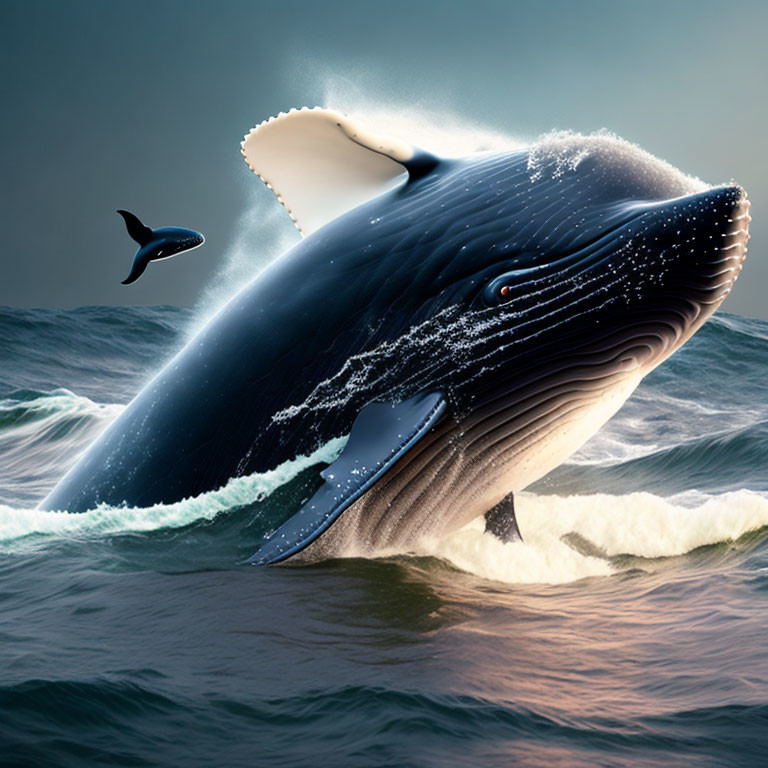 Gigantic blue whale breaching with smaller whale in stormy ocean.