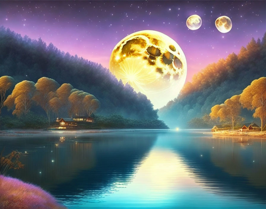 Detailed surreal landscape with large moon, smaller moons, river, forest, and cabin