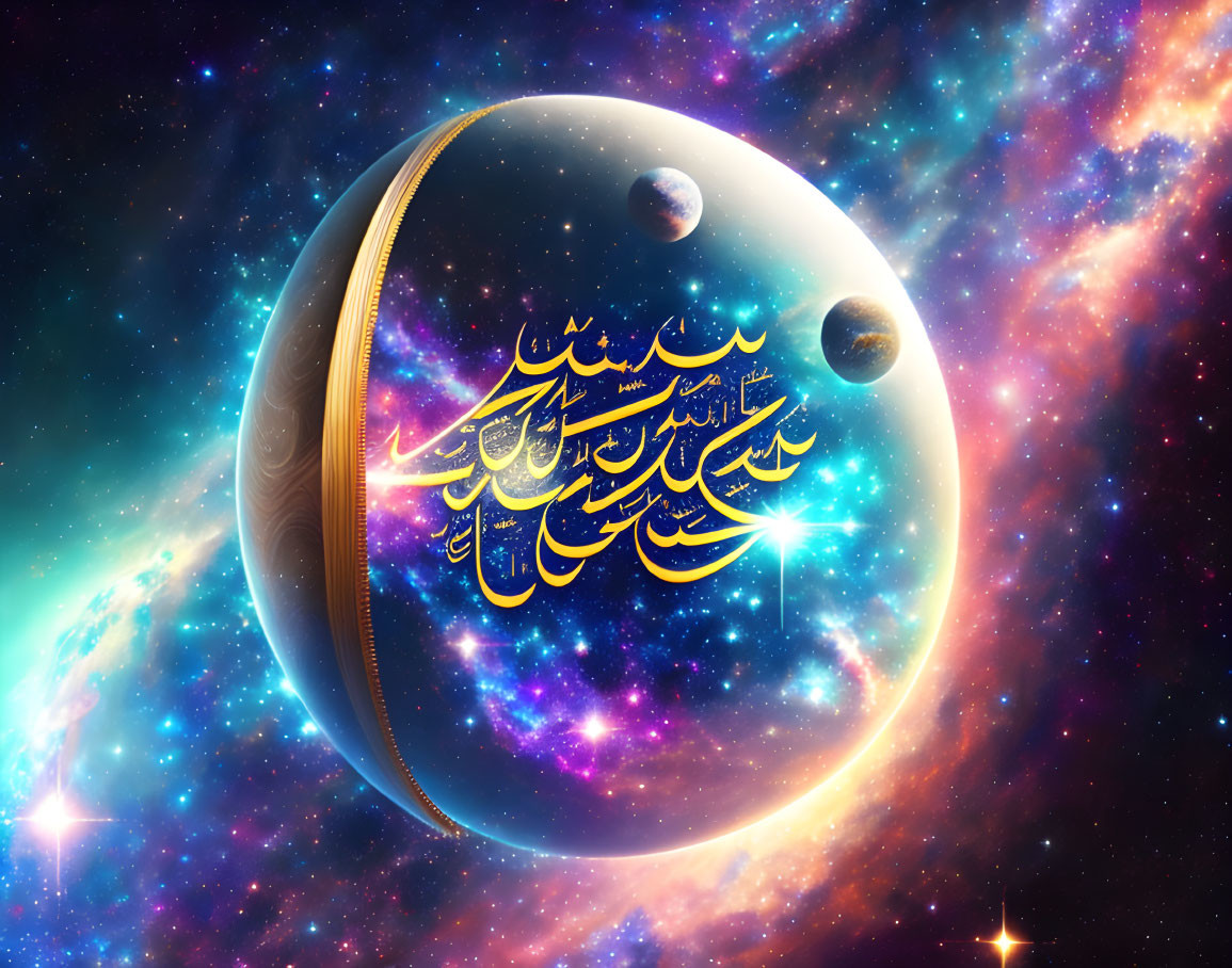 Colorful Cosmic Scene with Crescent Moon, Arabic Calligraphy, and Stars