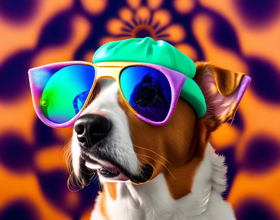 Colorful Sunglasses and Visor Cap on Stylized Dog in Psychedelic Background