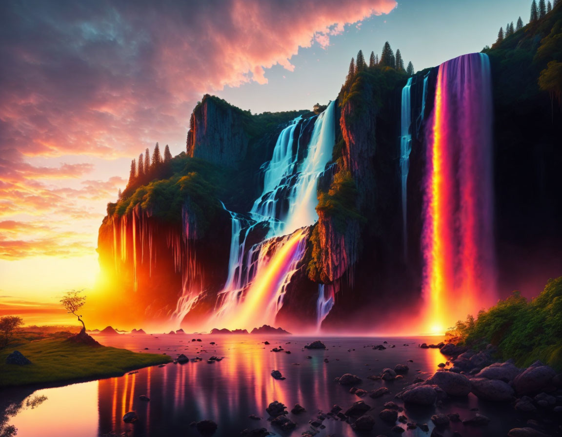 Majestic waterfall and vibrant sunset scenery