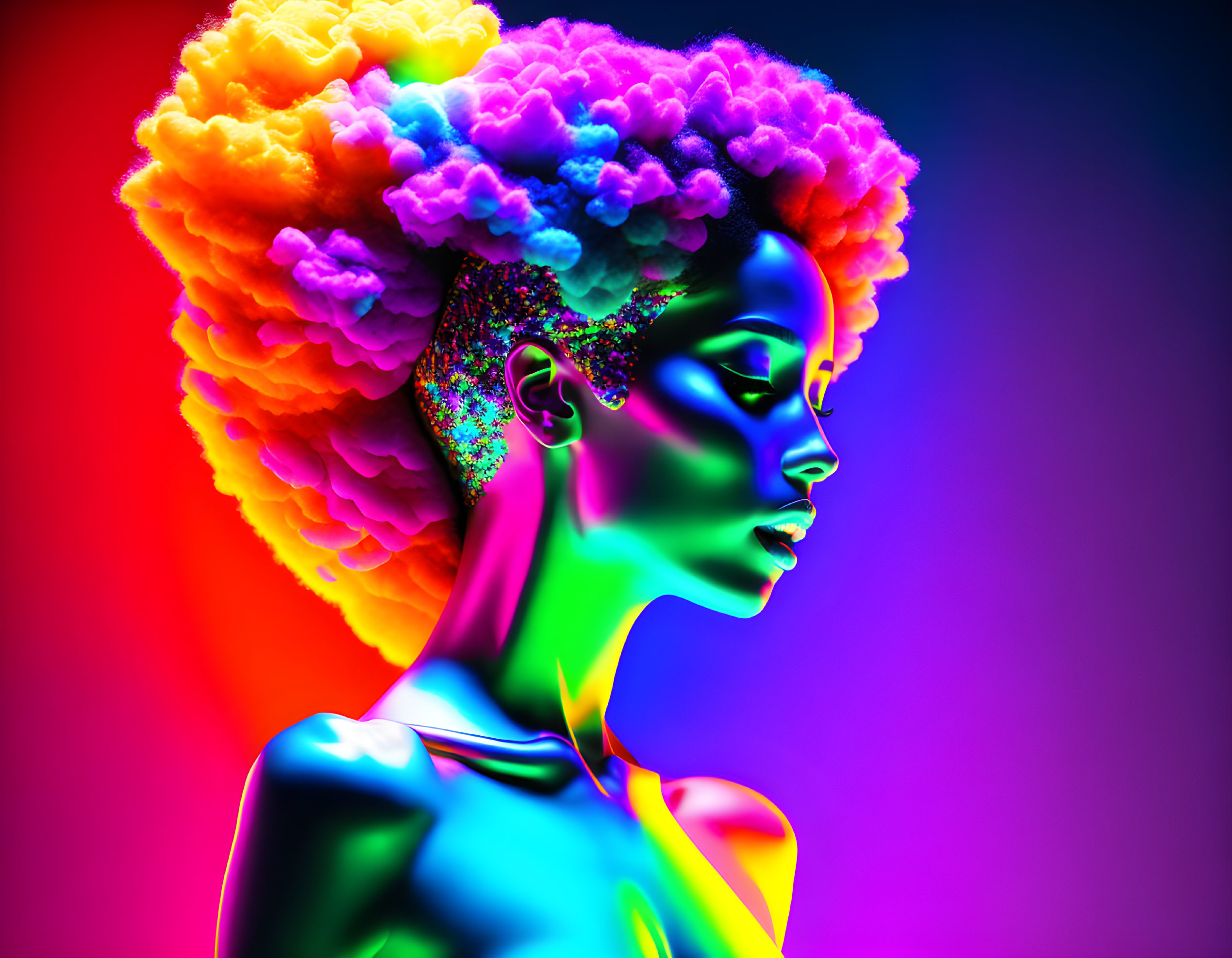 Colorful digital portrait of a woman with afro in neon gradient against vibrant backdrop