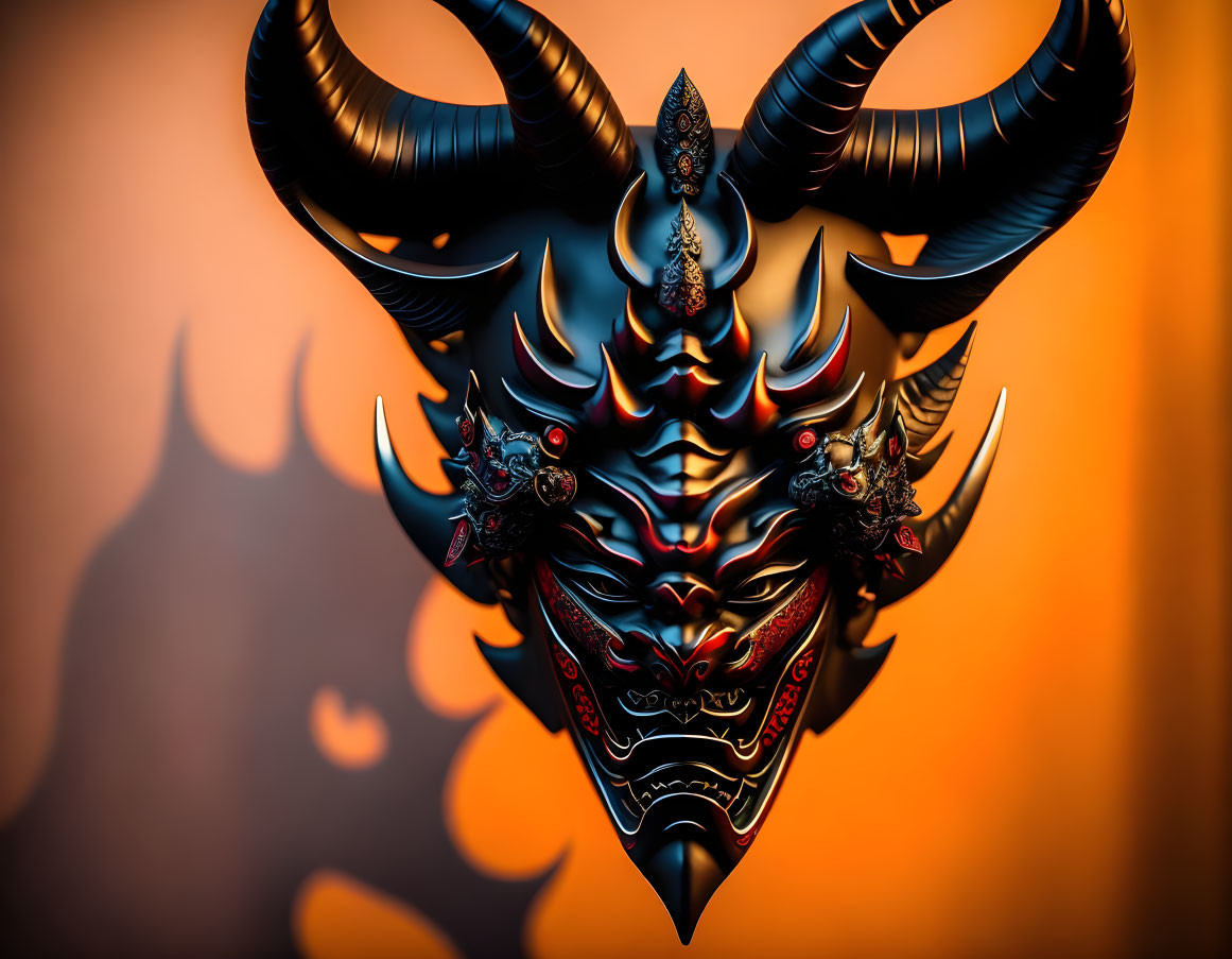 Ornate demonic mask with twisting horns and golden details on orange backdrop