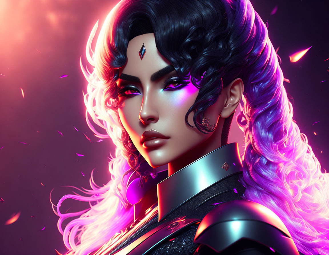 Digital portrait of woman with purple wavy hair and glowing earring in futuristic attire on dark background with