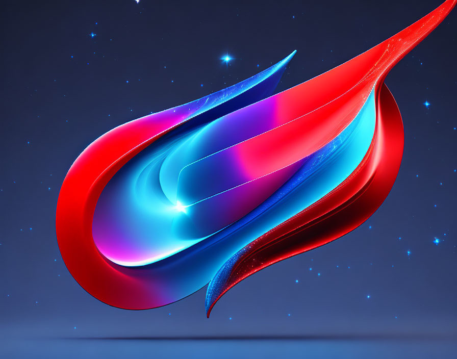 Vibrant red and blue fluid shapes on dark background with stars