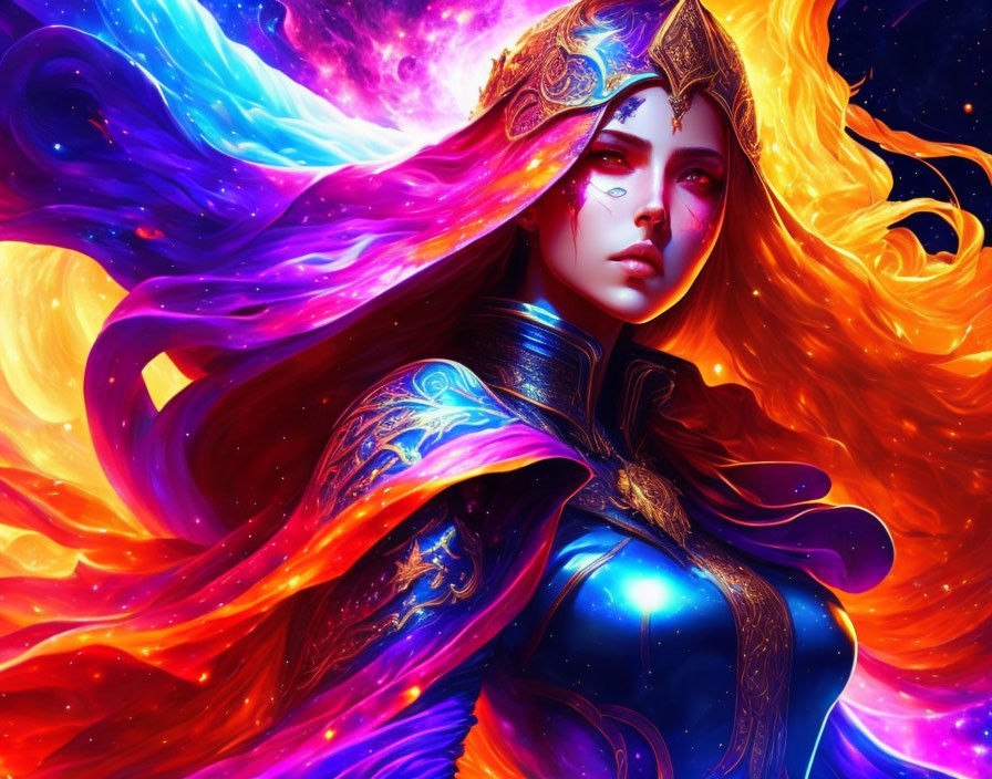 Colorful digital artwork: Female figure with multicolored hair and ornate armor in cosmic setting