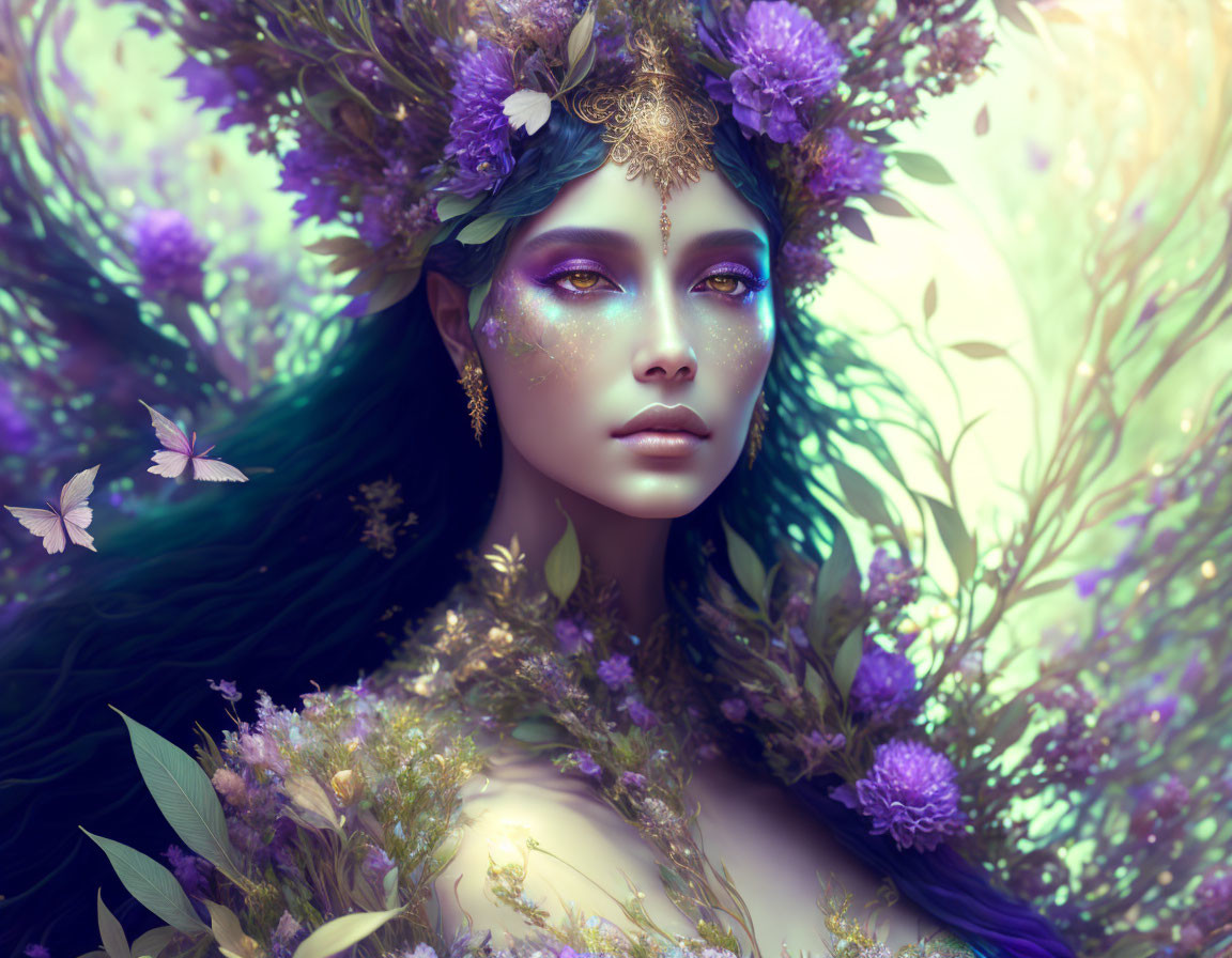 Mystical female figure with floral crown in pastel-toned backdrop