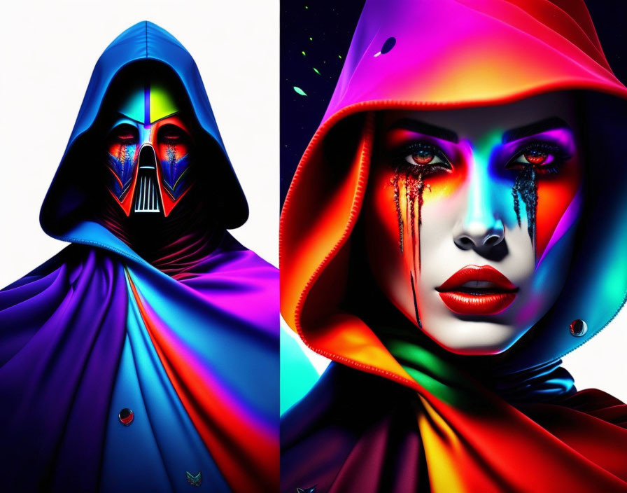 Colorful diptych: cloaked figure with glowing mask & woman with vibrant hood against cosmic backdrop