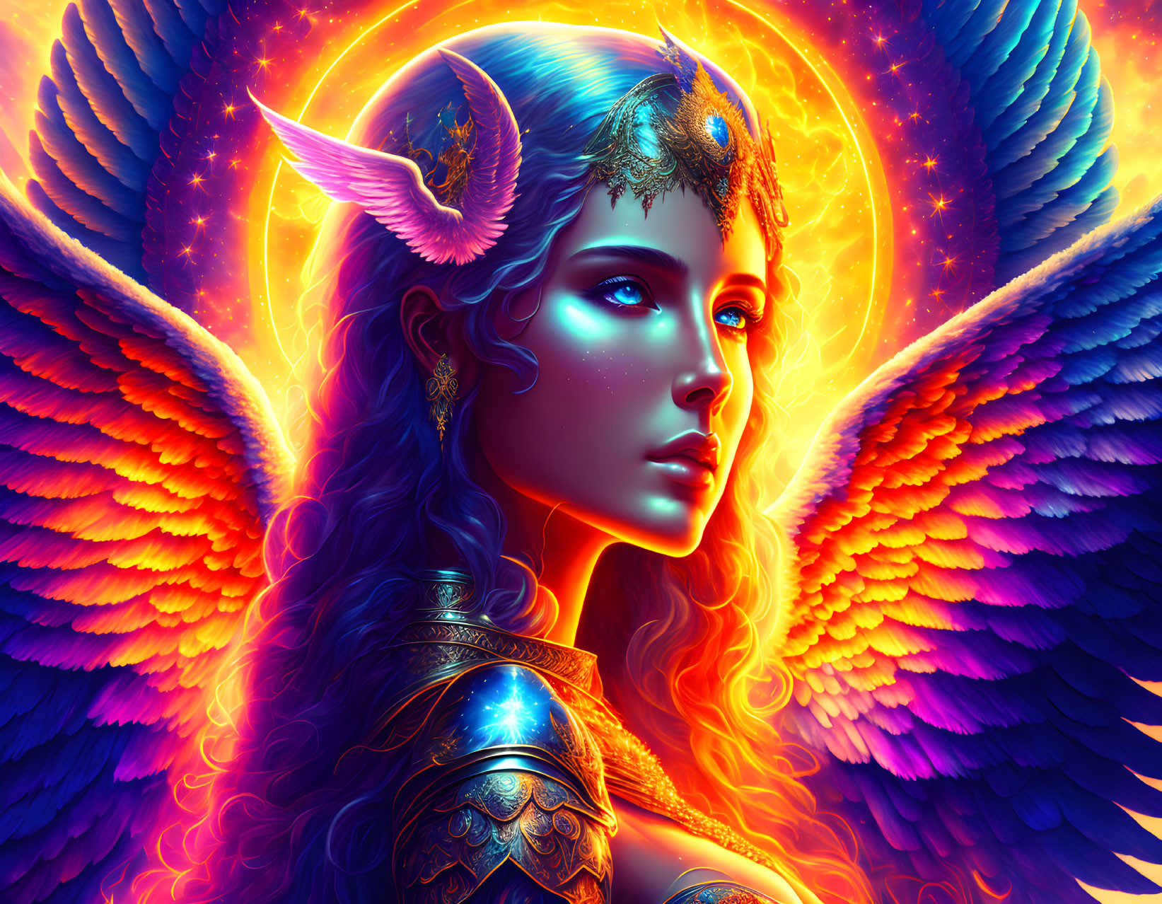 Colorful winged female figure with detailed armor and glowing halo.