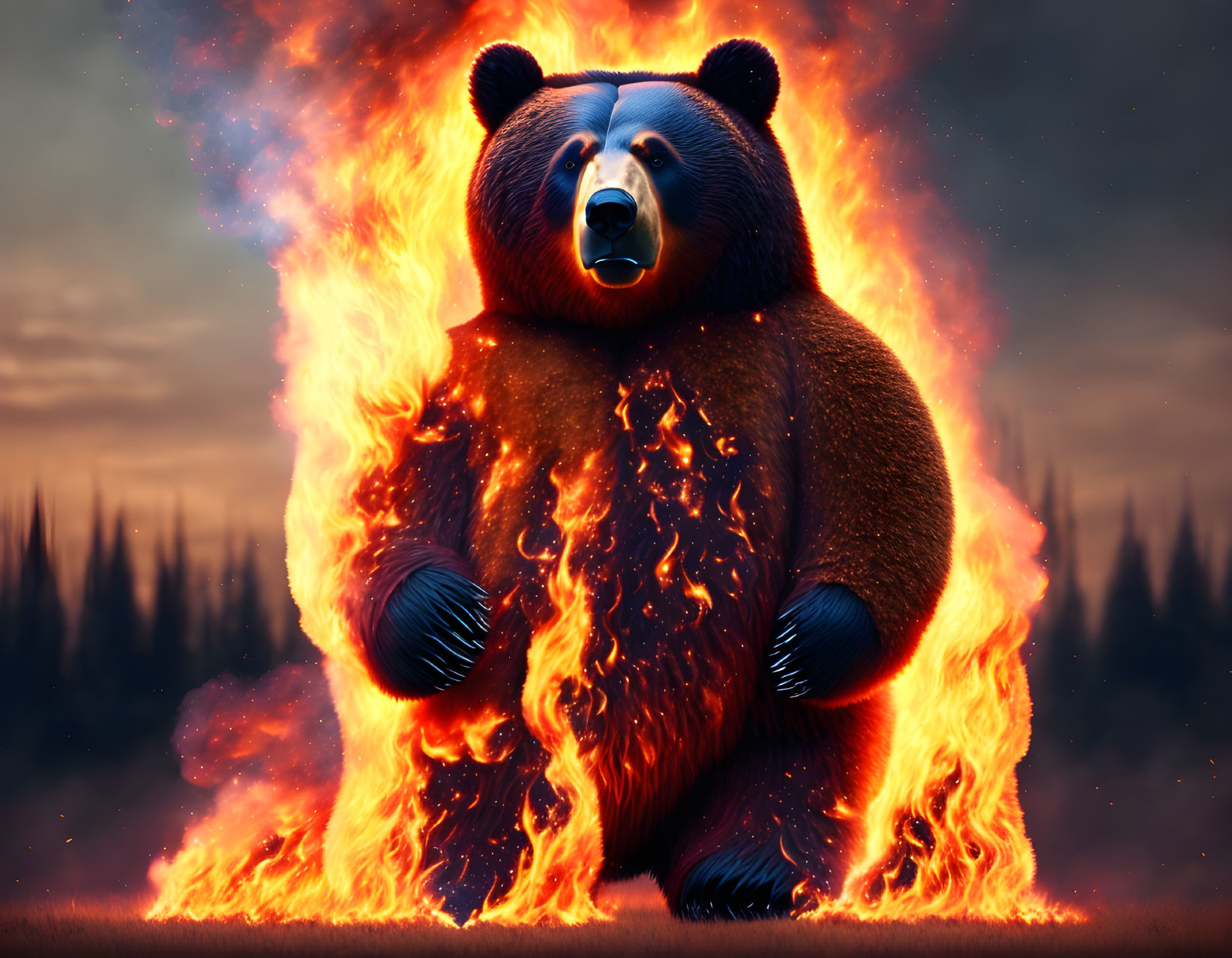 Bear illustration with lower body in flames in front of forest under dark sky