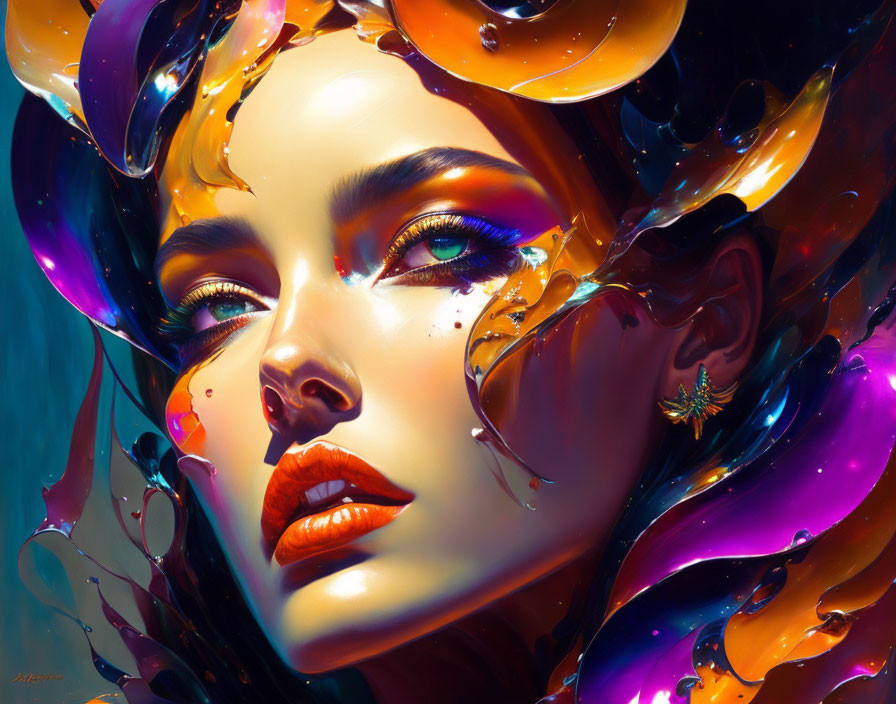 Colorful digital artwork of a woman's face with liquid splashes and spider earring