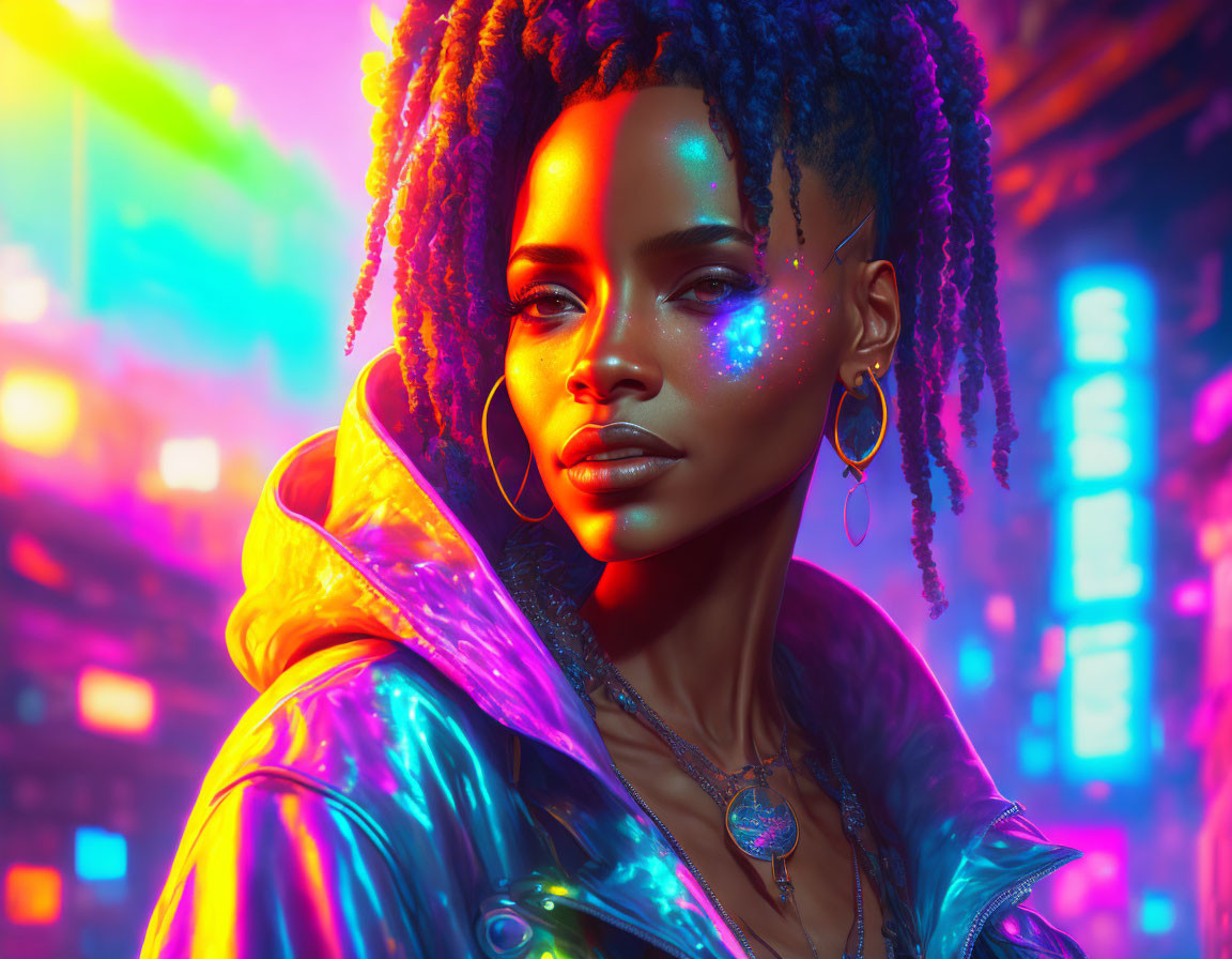 Digital artwork: Woman with braids, iridescent makeup, shiny jacket in neon-lit city