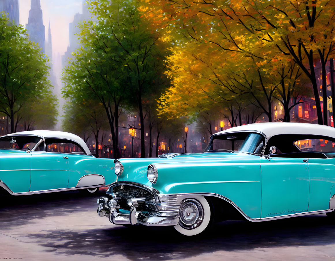 Turquoise Vintage Cars on City Street with Autumn Foliage