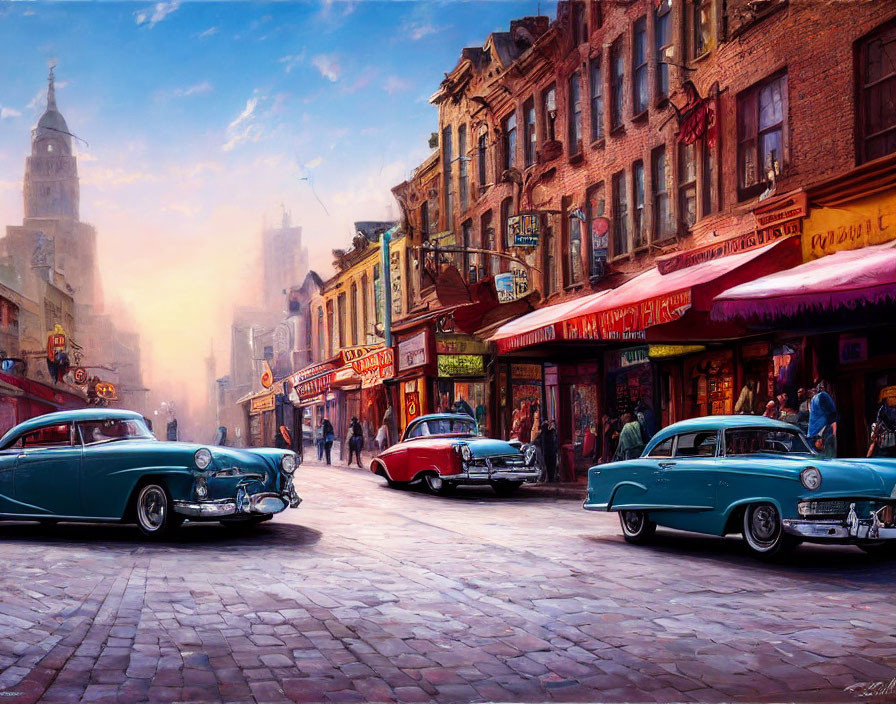 Classic Cars Parked on Cobblestone Street with Historic Buildings