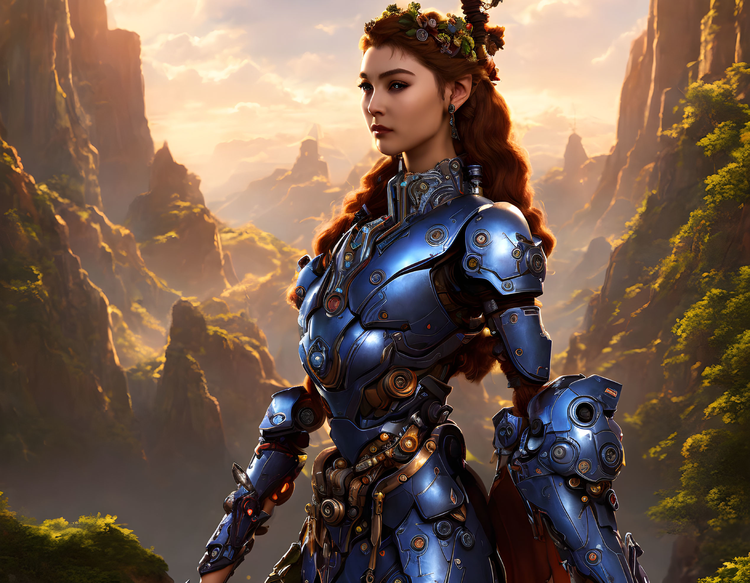 Female warrior in blue armor against mountain backdrop at sunrise