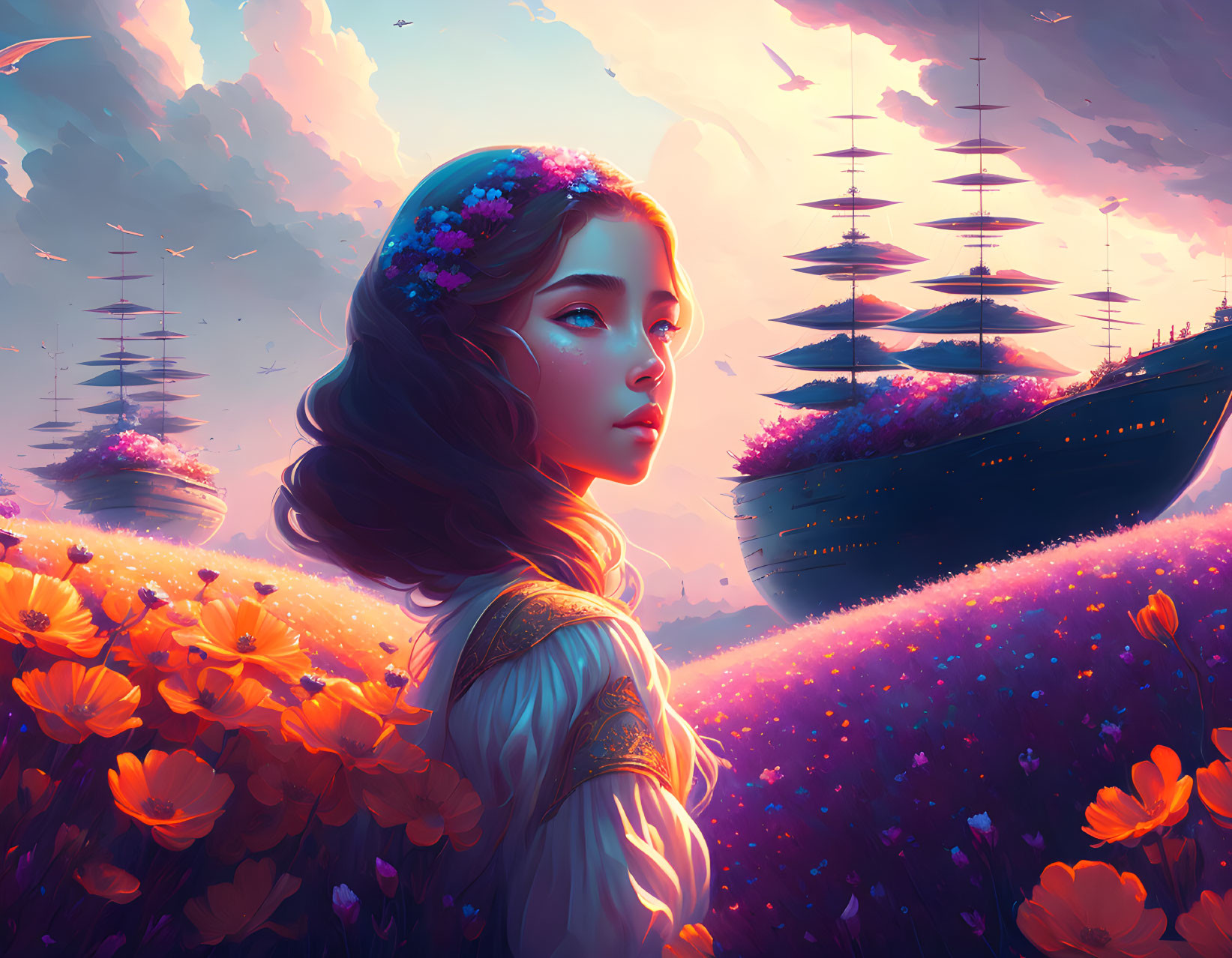 Digital artwork: Young woman in flower field with floating ships at sunset