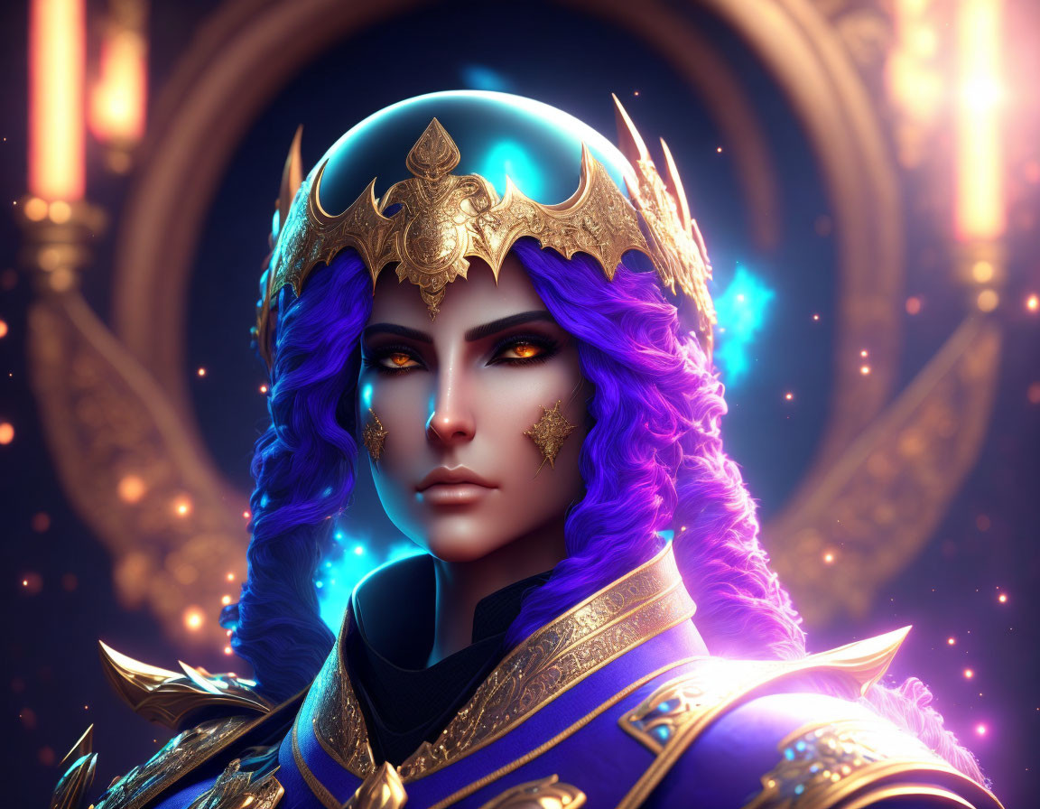 Regal female figure with purple hair and golden crown in vibrant digital artwork