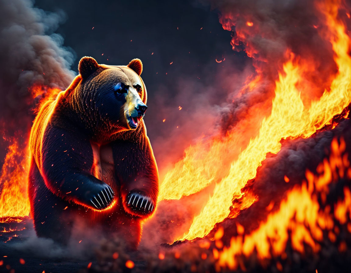 Intense bear against roaring flames and smoke