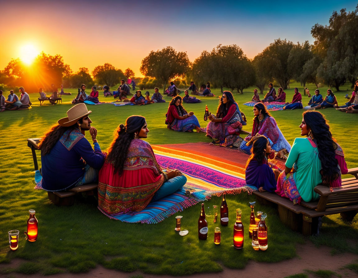 People having a picnic on colorful blankets at sunset